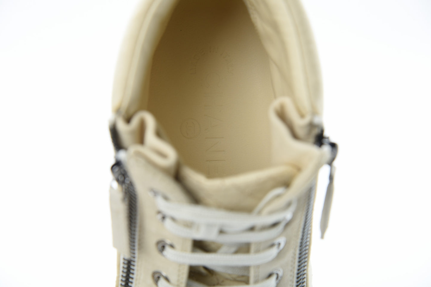 Toile Suede Calfskin CC High Top Sneakers 37 Beige White