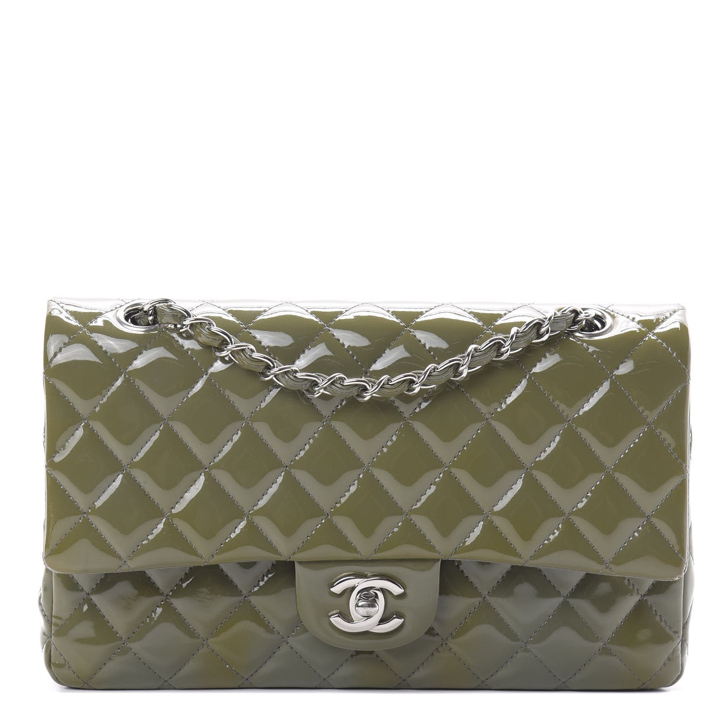 Patent Calfskin Quilted Medium Double Flap Grey
