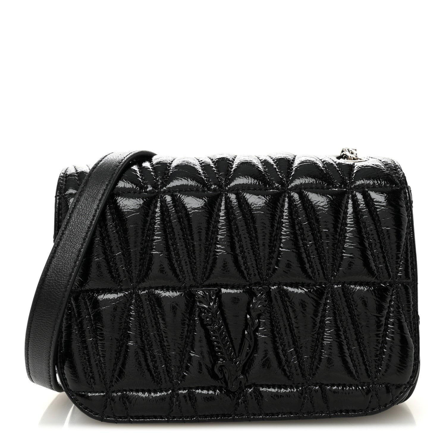 Versace Patent Nappa Quilted Virtus Shoulder Bag Black 1 of 11