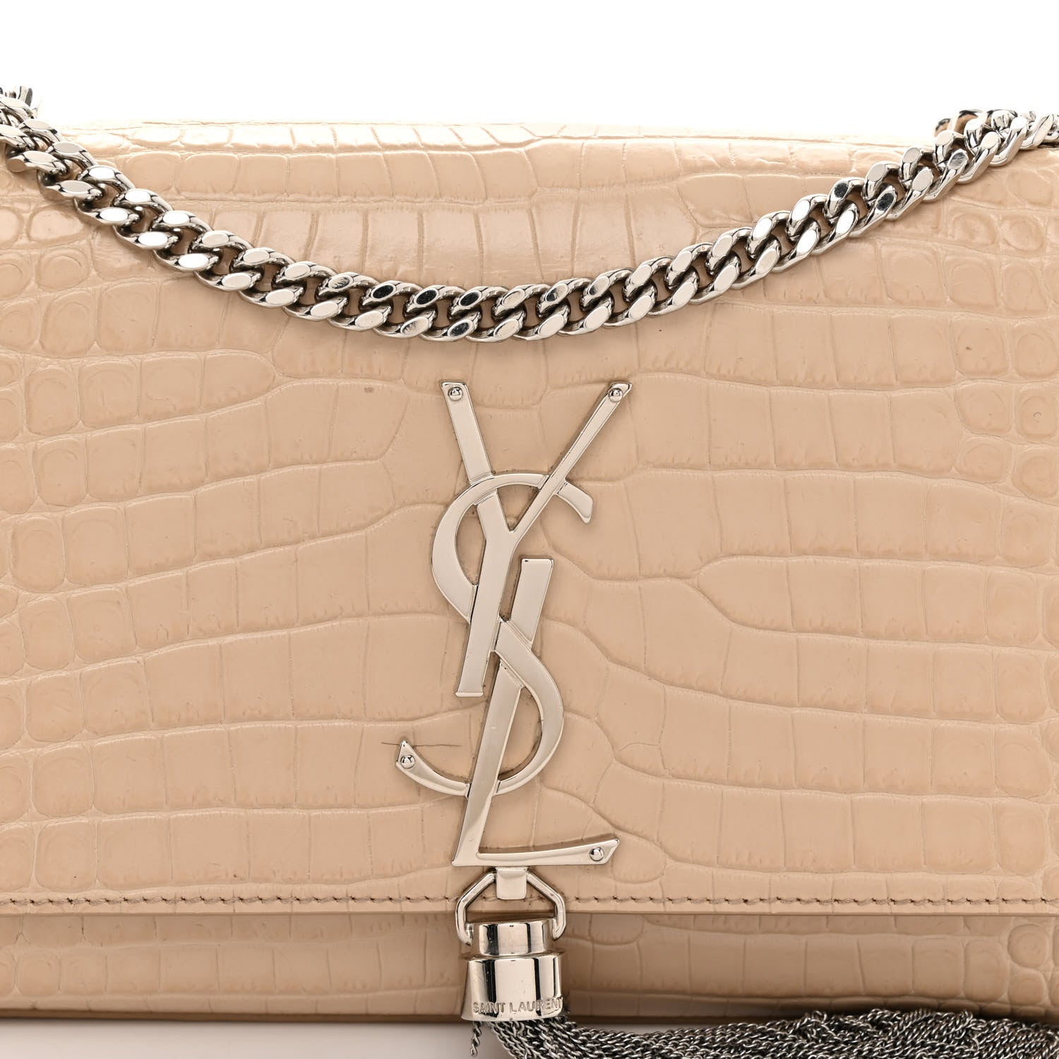 Saint Laurent Calfskin Crocodile Embossed Small Classic Monogram Kate Tassel Satchel Nude Powder 7 of 10