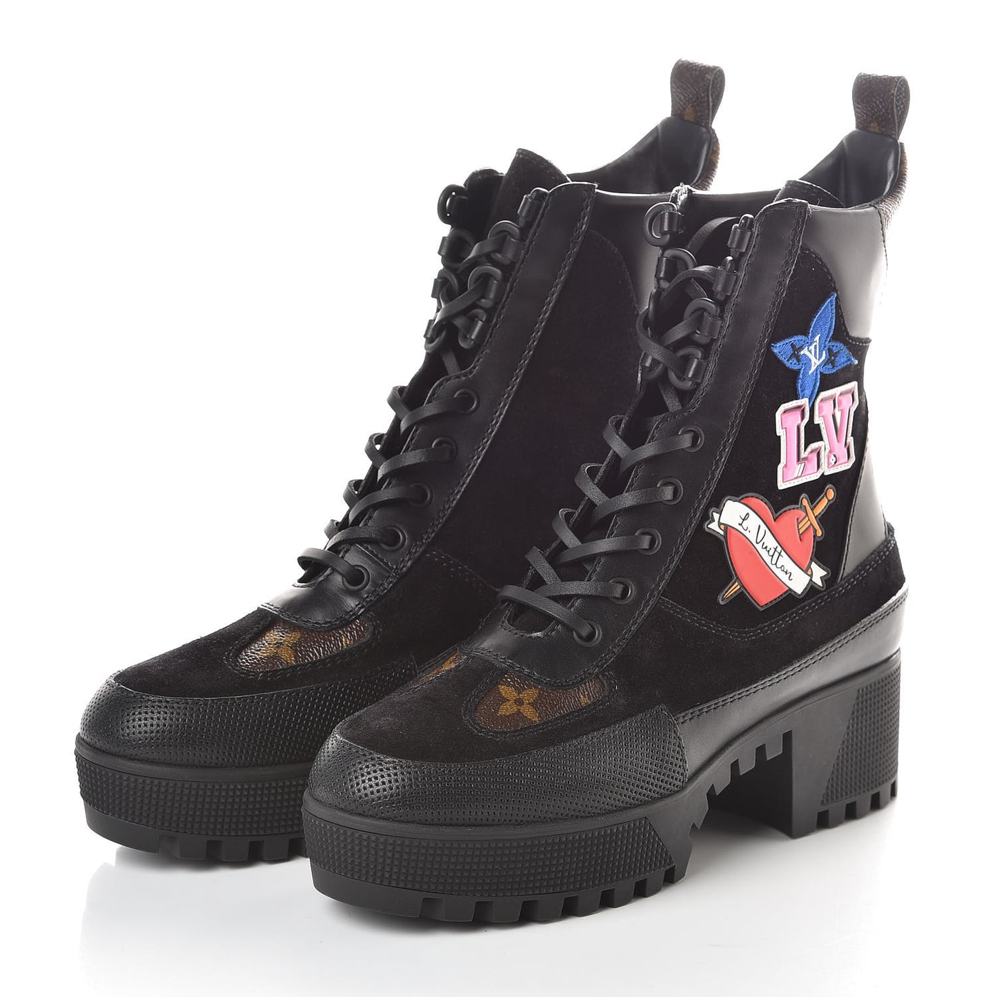 Suede Calfskin Monogram LV Black Heart Laureate Platform Desert Boots 37 Black