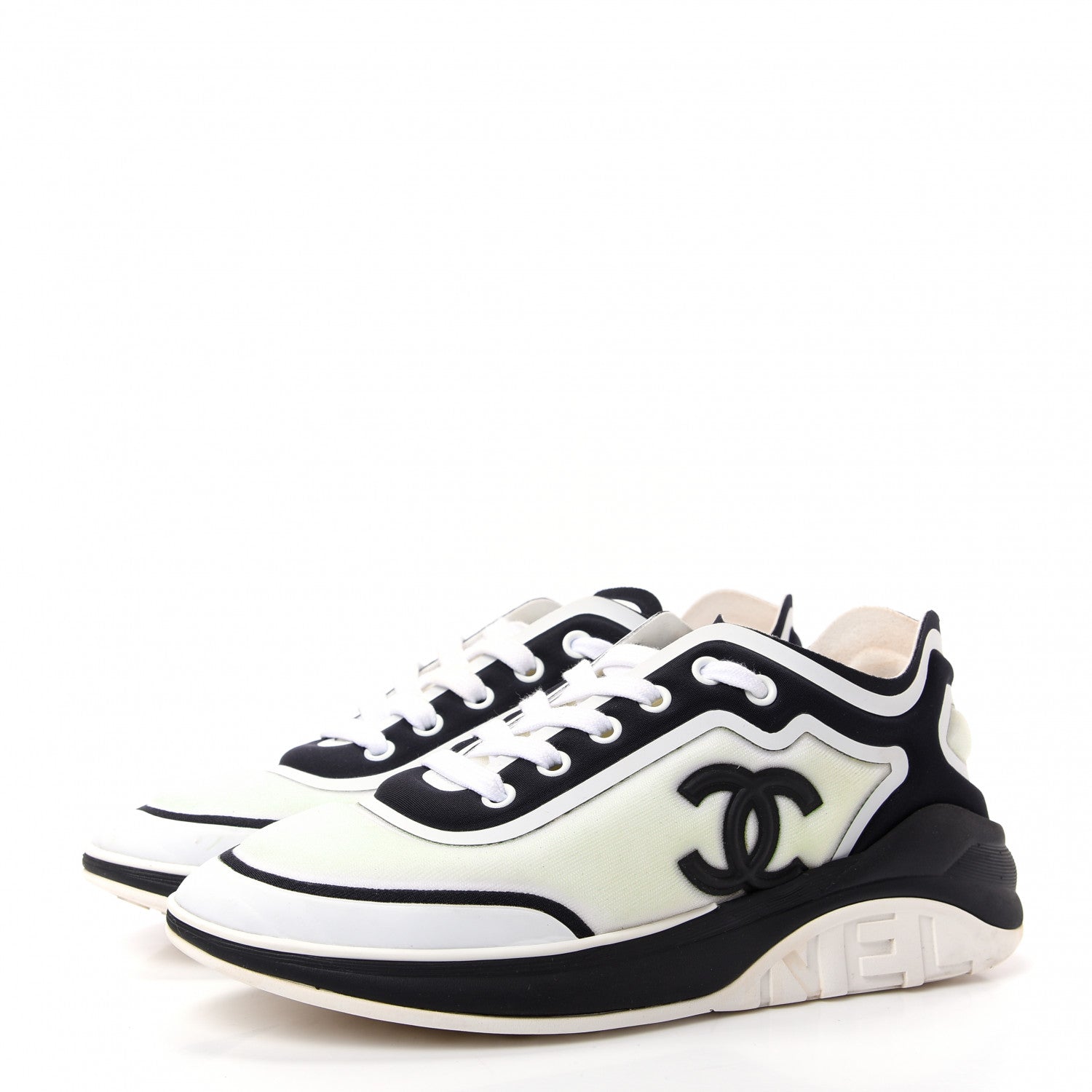Chanel Lycra Womens CC Sneakers 37.5 White Black 3 of 10