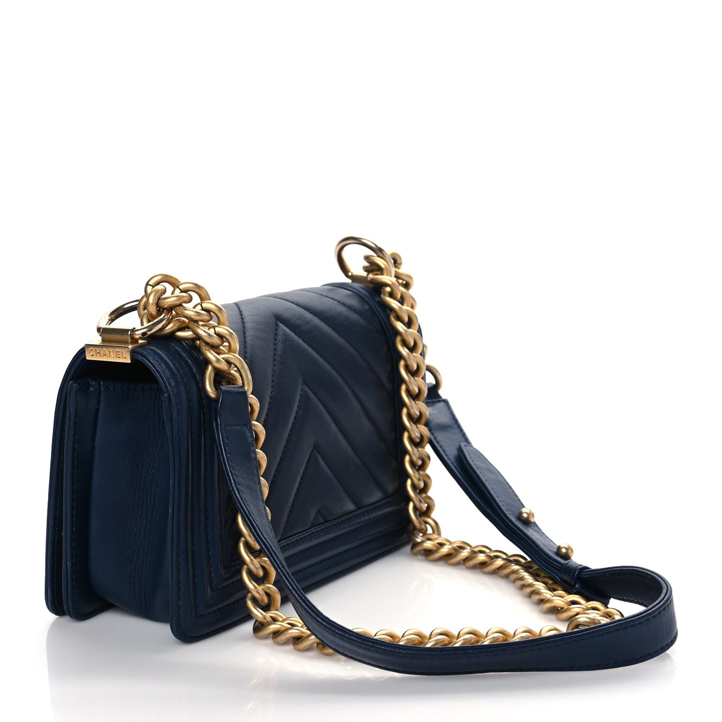 Calfskin Chevron Quilted Small Boy Flap Navy