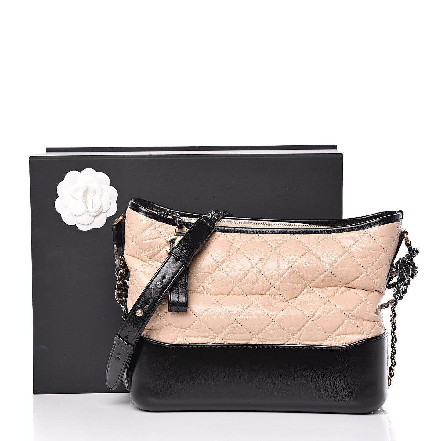 Aged Calfskin Quilted Medium Gabrielle Hobo Beige Black