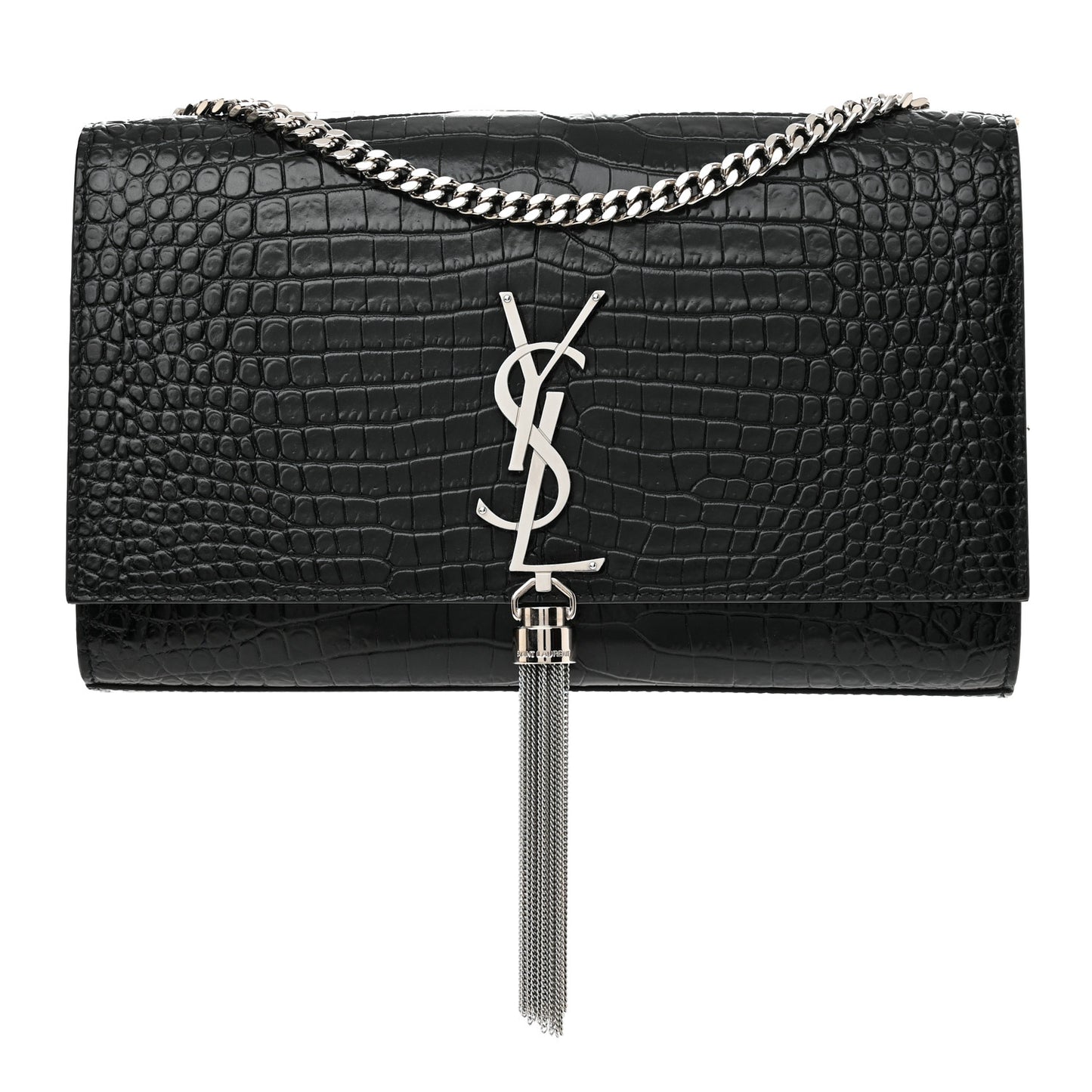 Calfskin Crocodile Embossed Medium Classic Monogram Kate Tassel Satchel Black