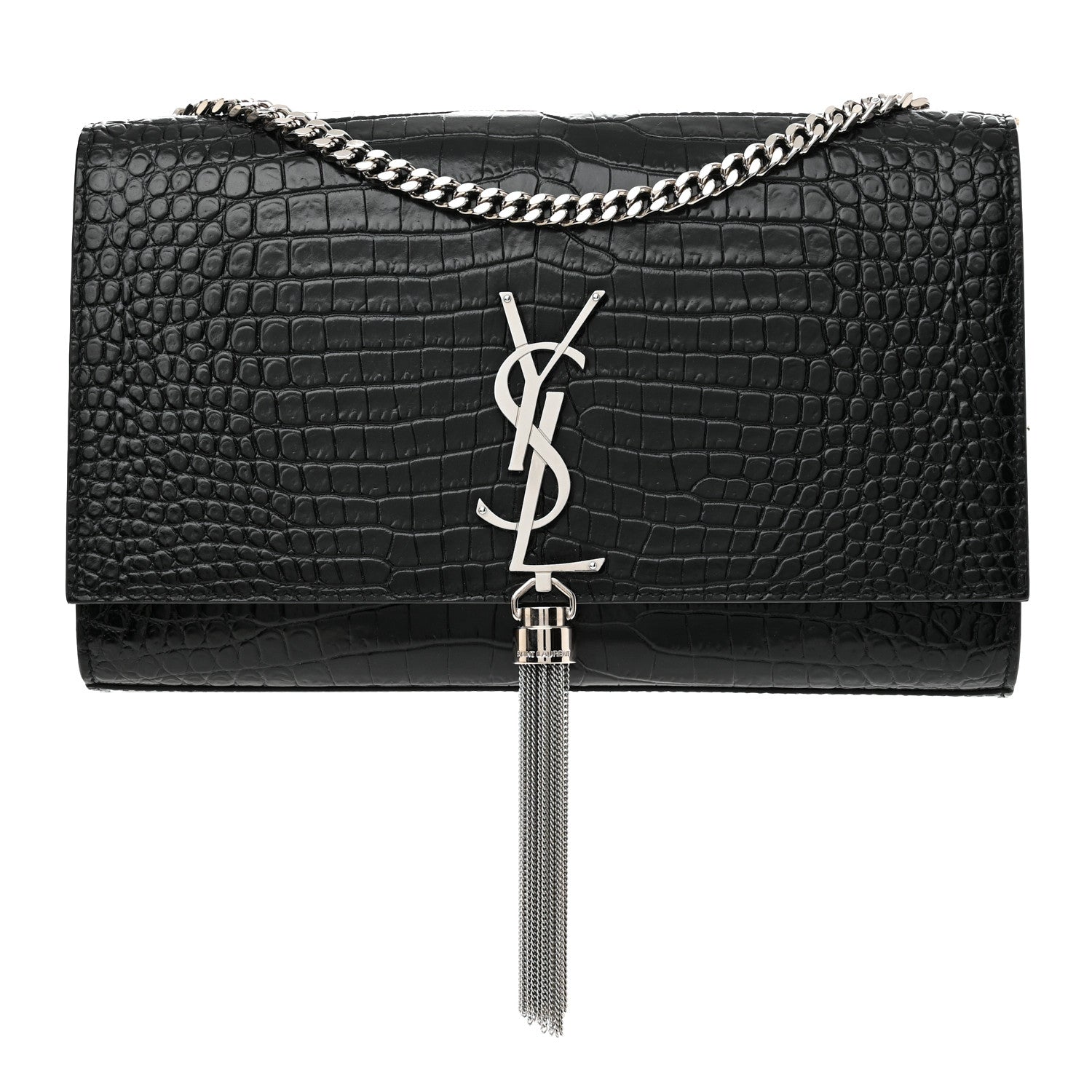 Saint Laurent Calfskin Crocodile Embossed Medium Classic Monogram Kate Tassel Satchel Black 1 of 10