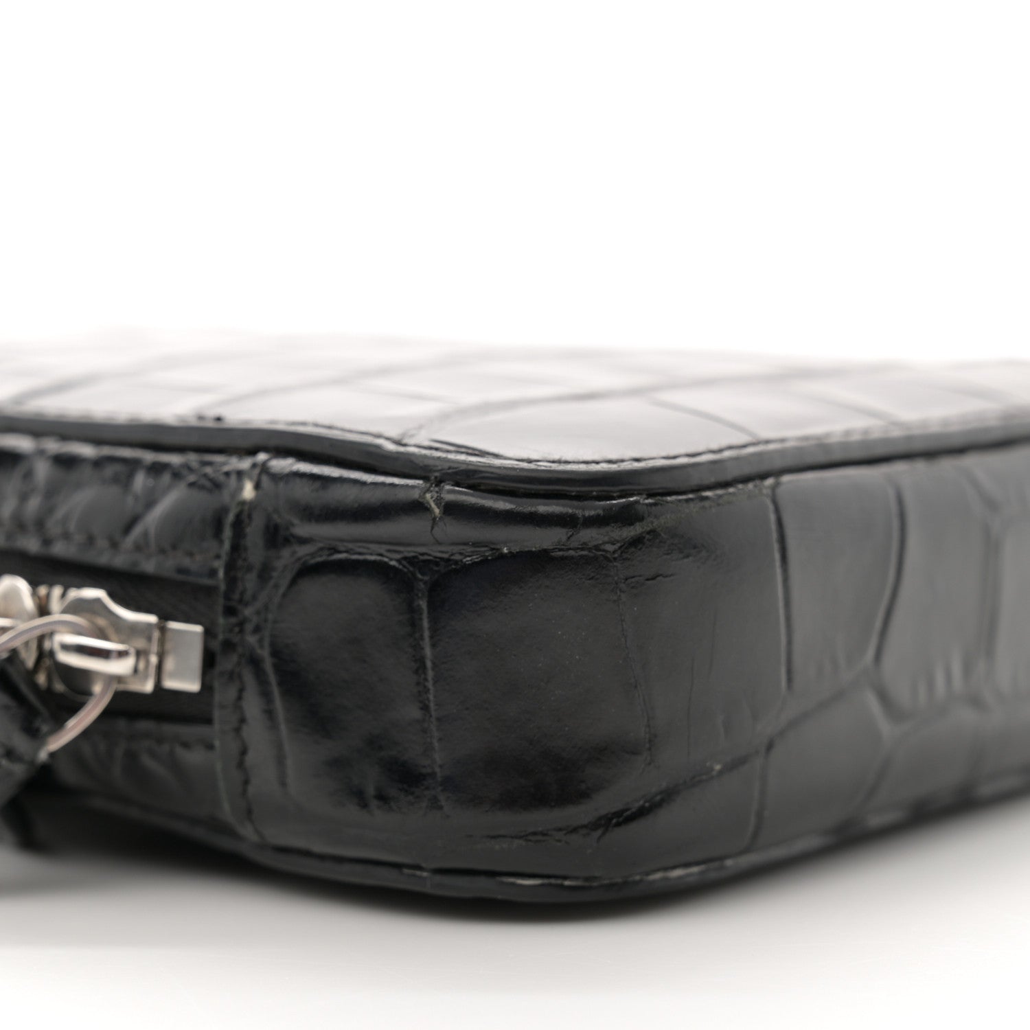 Balenciaga Shiny Calfskin Logo Crocodile Embossed Cash Phone Holder Bag Black White 8 of 14