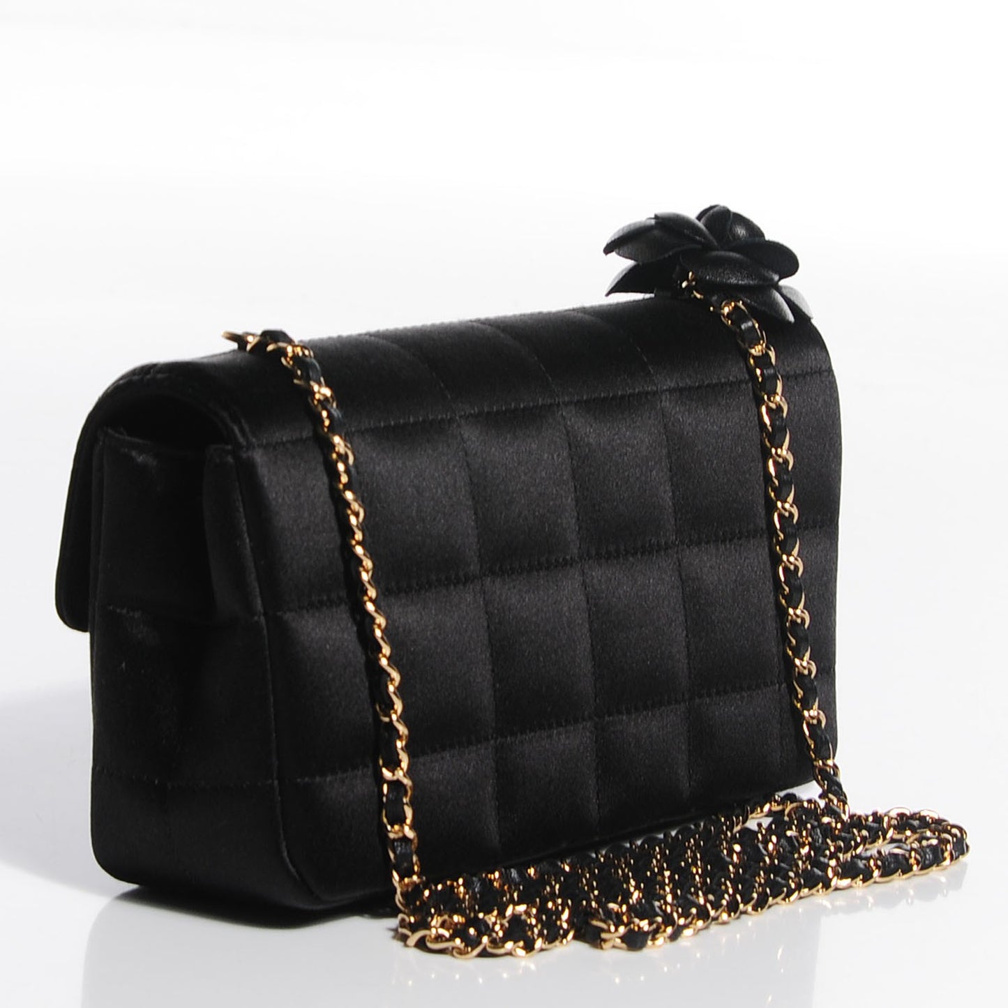 Satin Chocolate Bar Quilted Camellia Rectangular Mini Flap Black