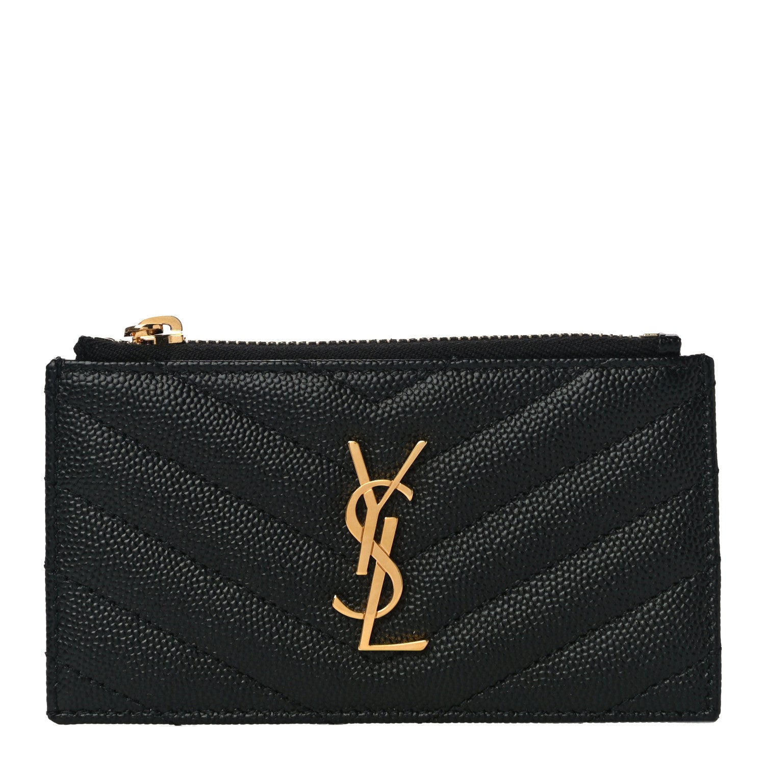 Saint Laurent Grain De Poudre Matelasse Chevron Cassandre Fragments Zippered Card Case Black 1 of 11