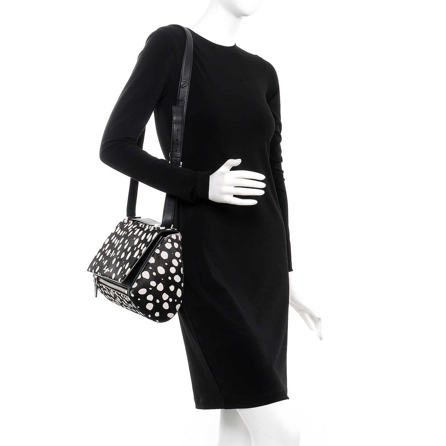 Calf Hair Polka Dot Print Medium Pandora Box Crossbody Bag Black White.