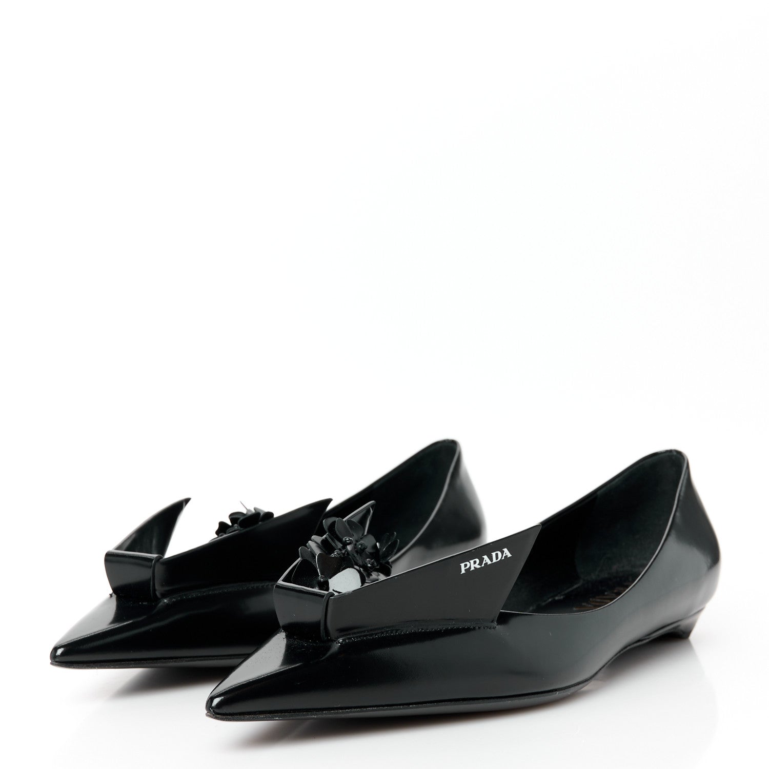 Prada Spazzolato Floral Applique Ballerina Flats 37 Black 3 of 8