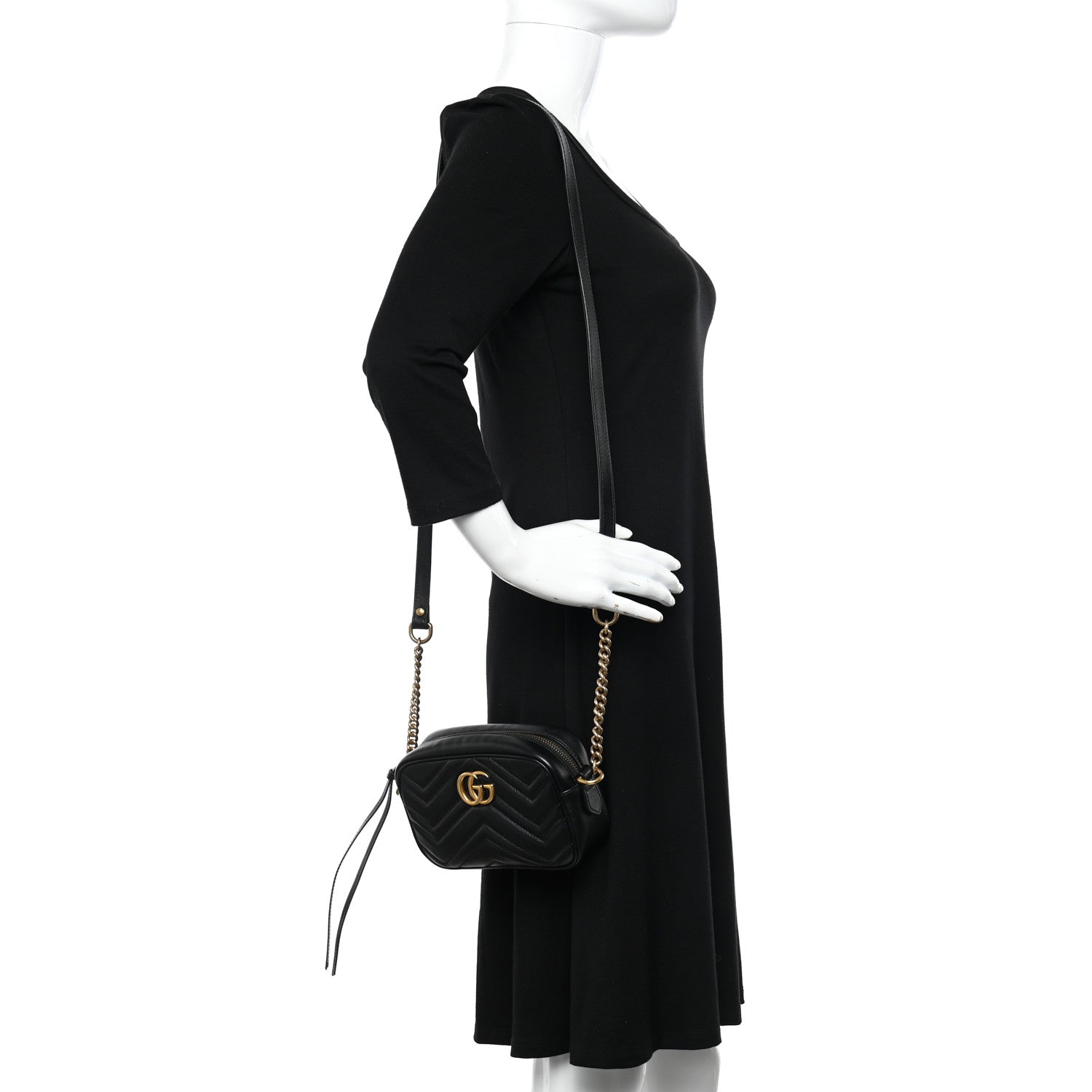 Gucci Calfskin Matelasse Mini GG Marmont Chain Shoulder Bag Black 2 of 12