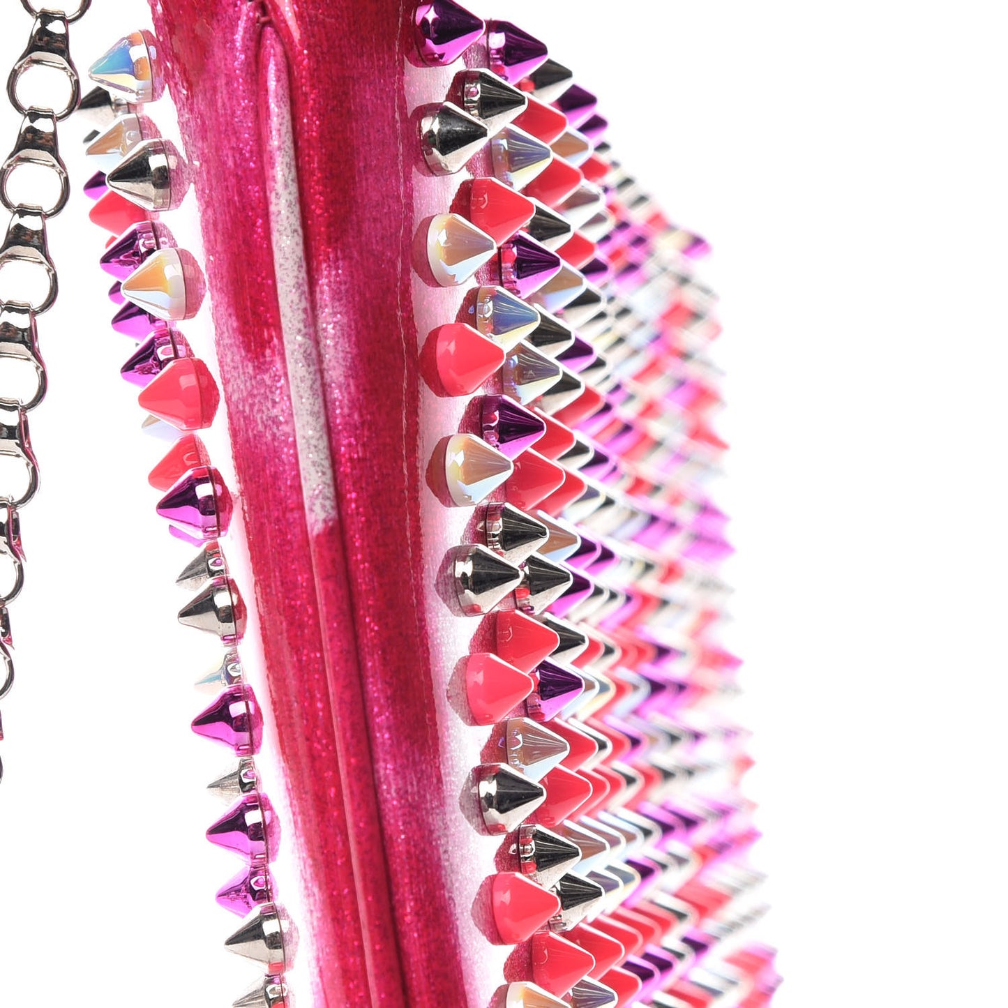Patent Glittart Studded Loubiposh Chain Clutch Shocking Pink