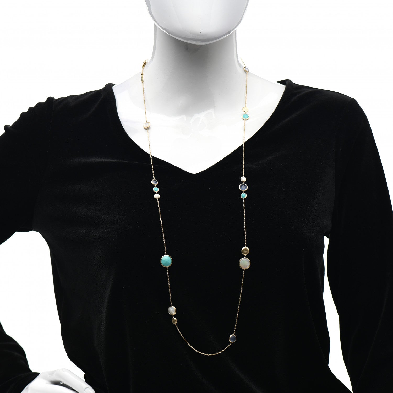 Marco Bicego 18K Yellow Gold Turquoise Mother of Pearl Chalcedony Jaipur Long Station Necklace 2 of 4