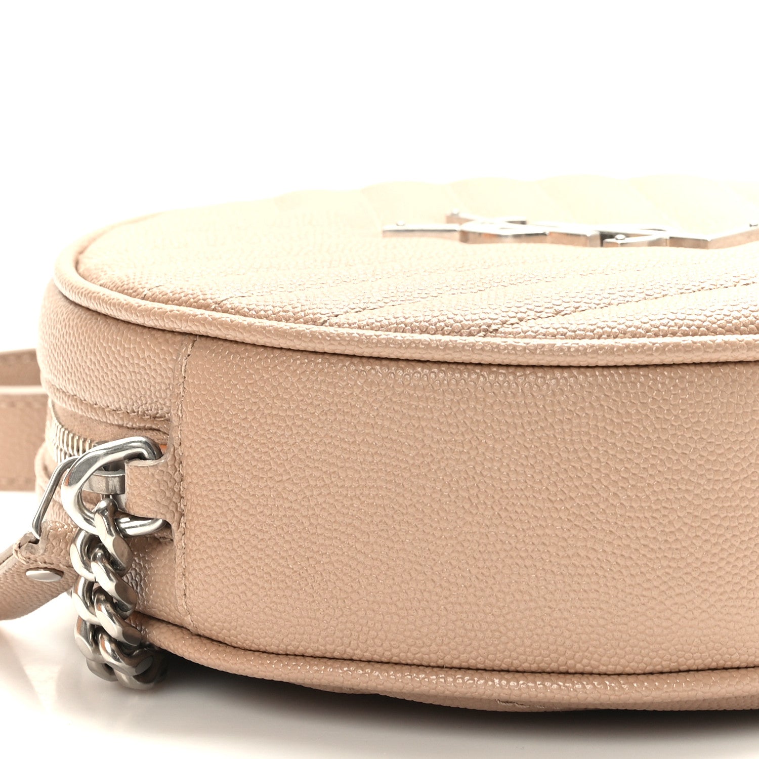 Saint Laurent Grain De Poudre Matelasse Chevron Quilted Round Vinyle Camera Bag Dark Beige 8 of 10