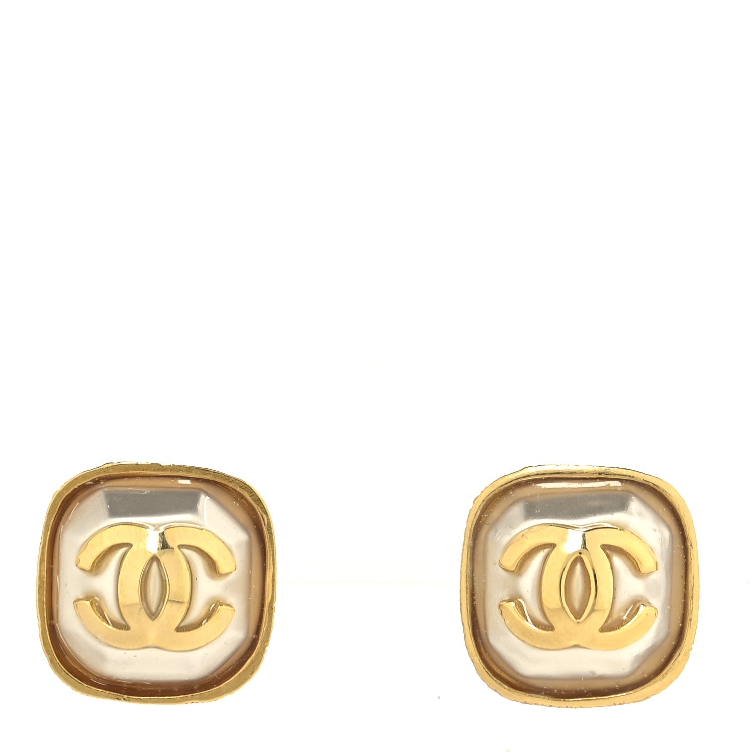 Chanel Metal Resin Pearl CC Square Earrings Gold 1 of 5
