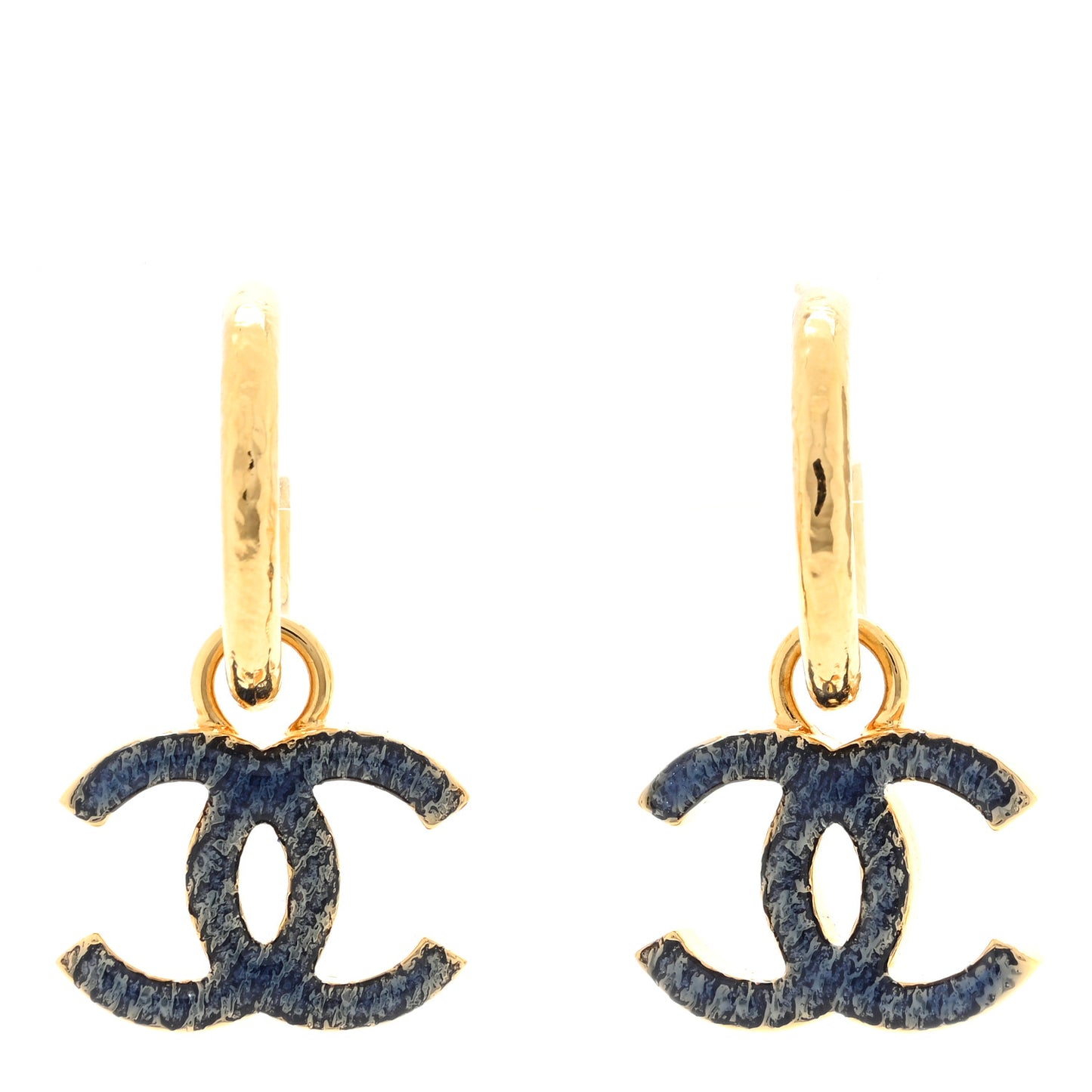 Metal Enamel CC Denim Drop Earrings Gold Blue