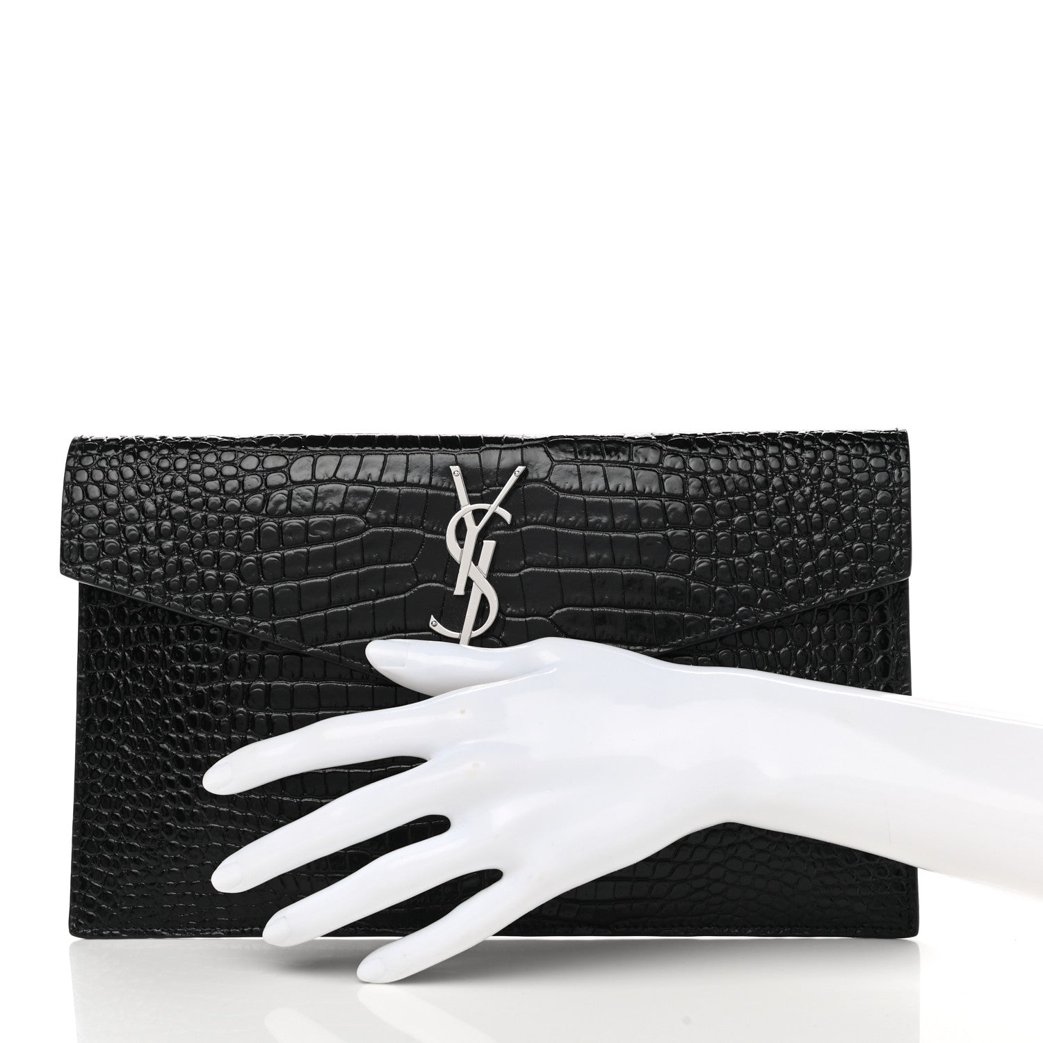 Saint Laurent Calfskin Crocodile Embossed Uptown Monogram Pouch Black 2 of 7