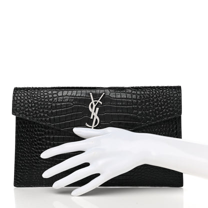 Saint Laurent Calfskin Crocodile Embossed Uptown Monogram Pouch Black 2 of 7