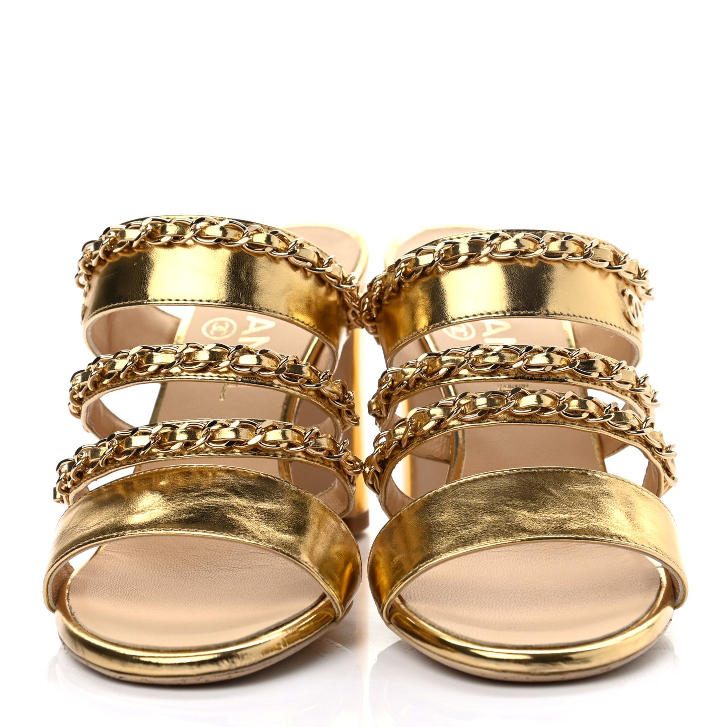 Laminated Lambskin Chain CC Mule Sandals 36 Gold
