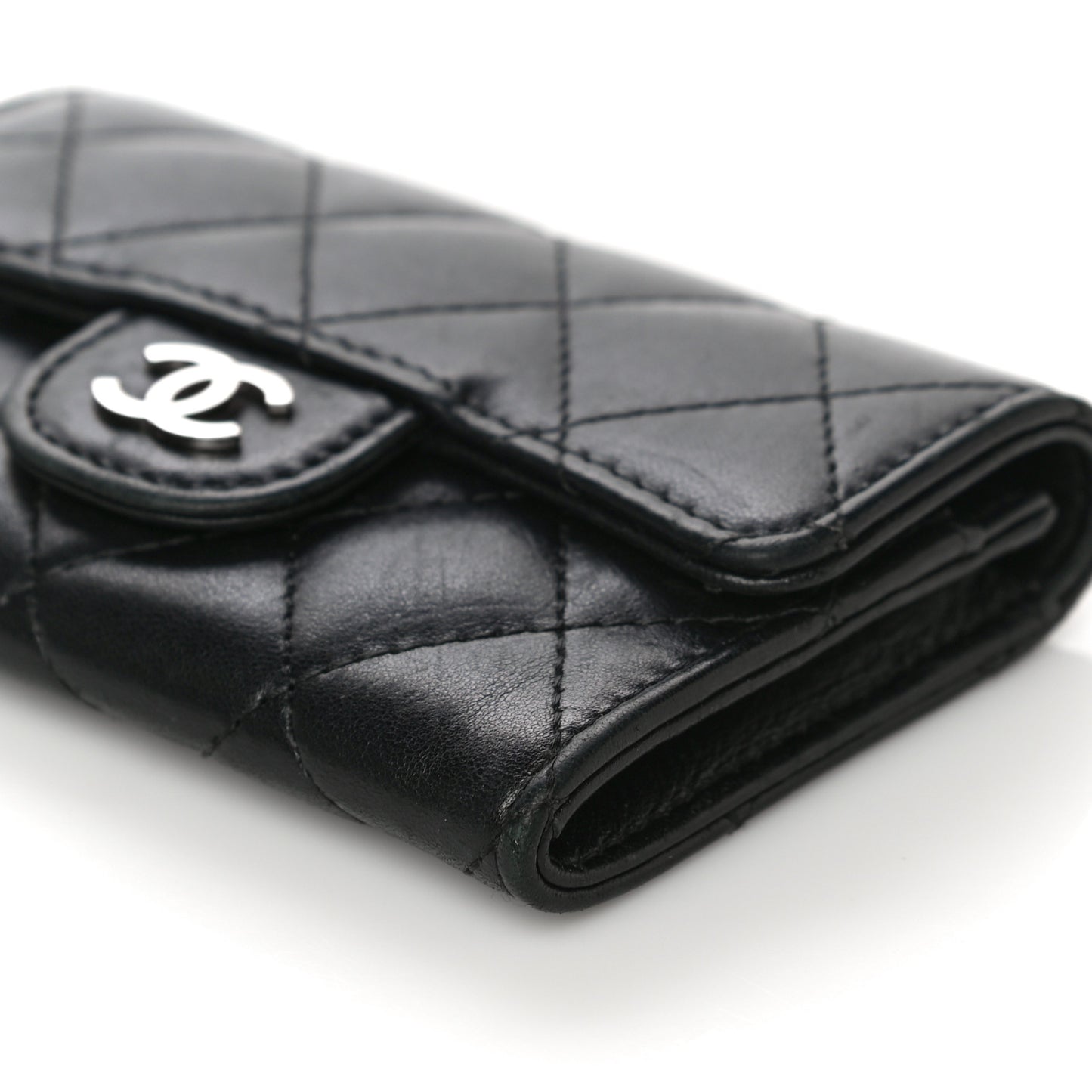 Lambskin Quilted Flap Card Holder Black
