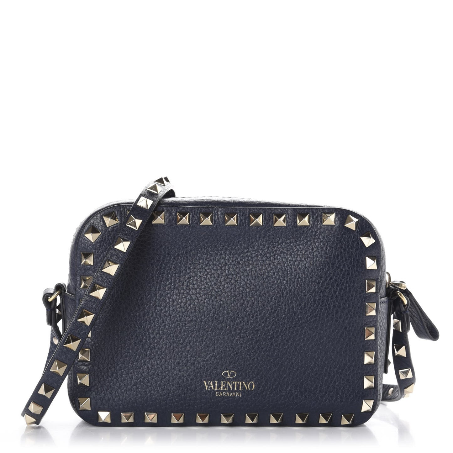 Pebbled Calfskin Rockstud Camera Crossbody Bag Marine