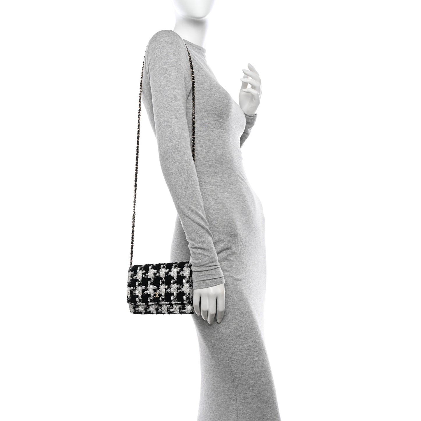 Tweed Quilted Wallet On Chain WOC Black Ecru White