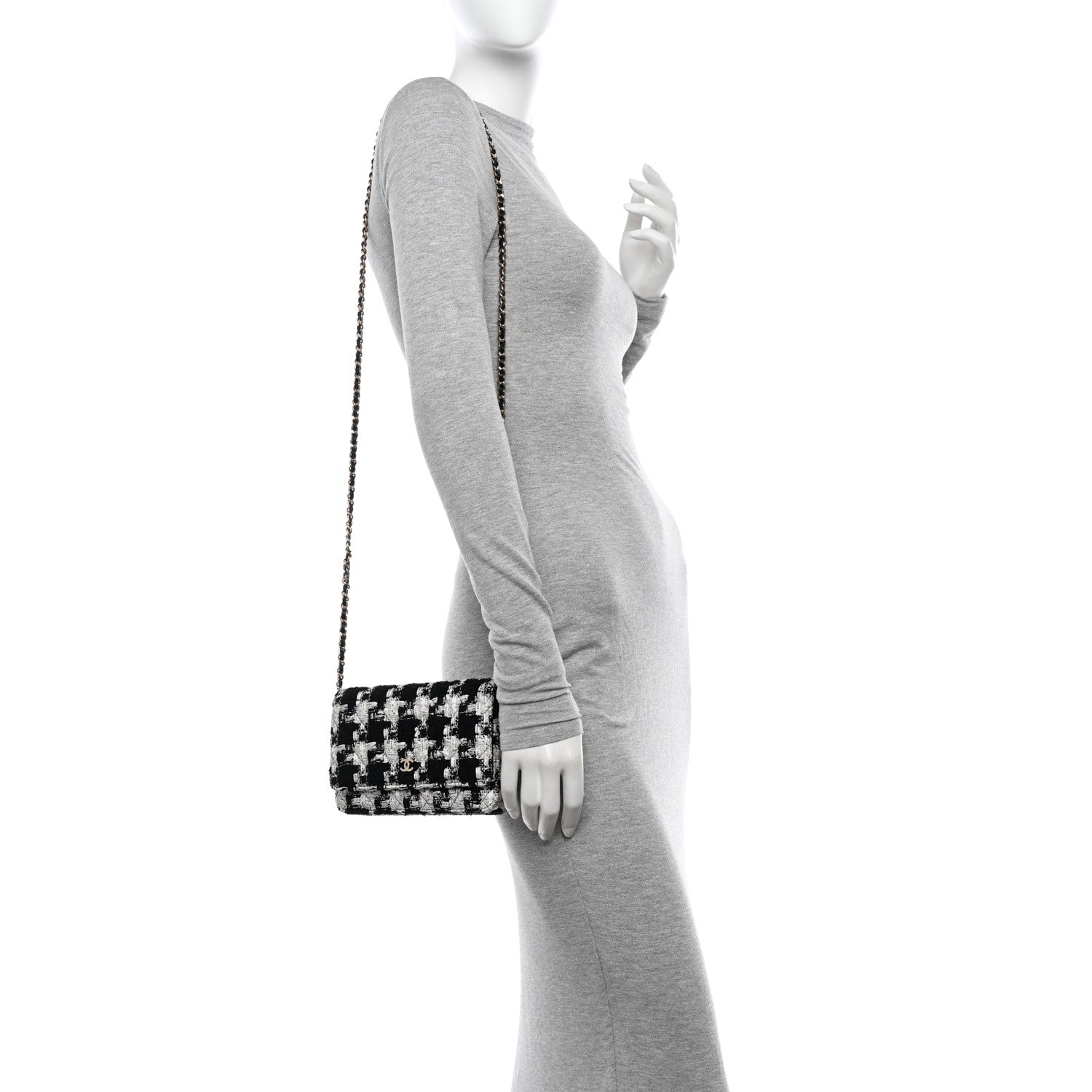 Chanel Tweed Quilted Wallet On Chain WOC Black Ecru White 2 of 12
