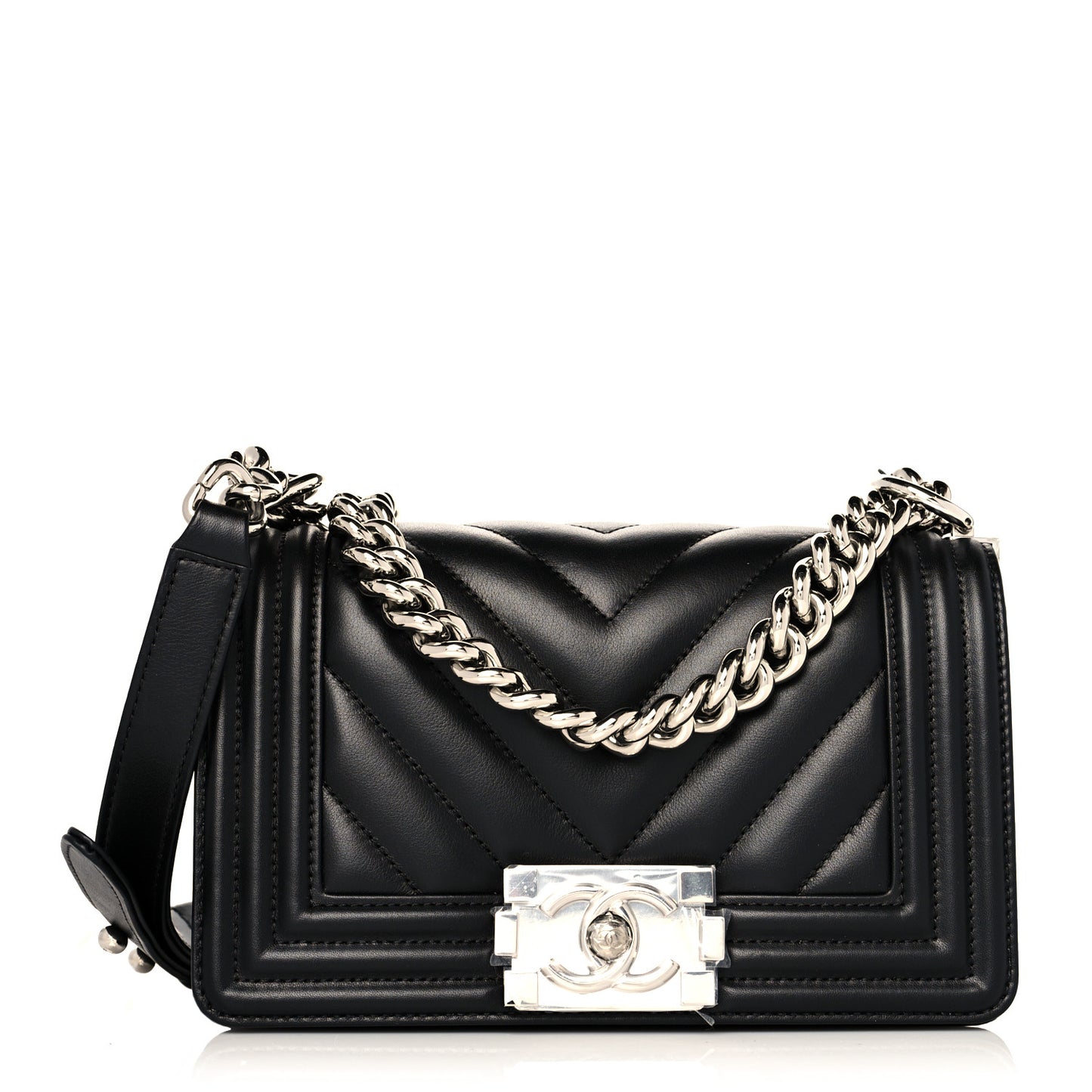 Lambskin Chevron Quilted Small Boy Flap Black