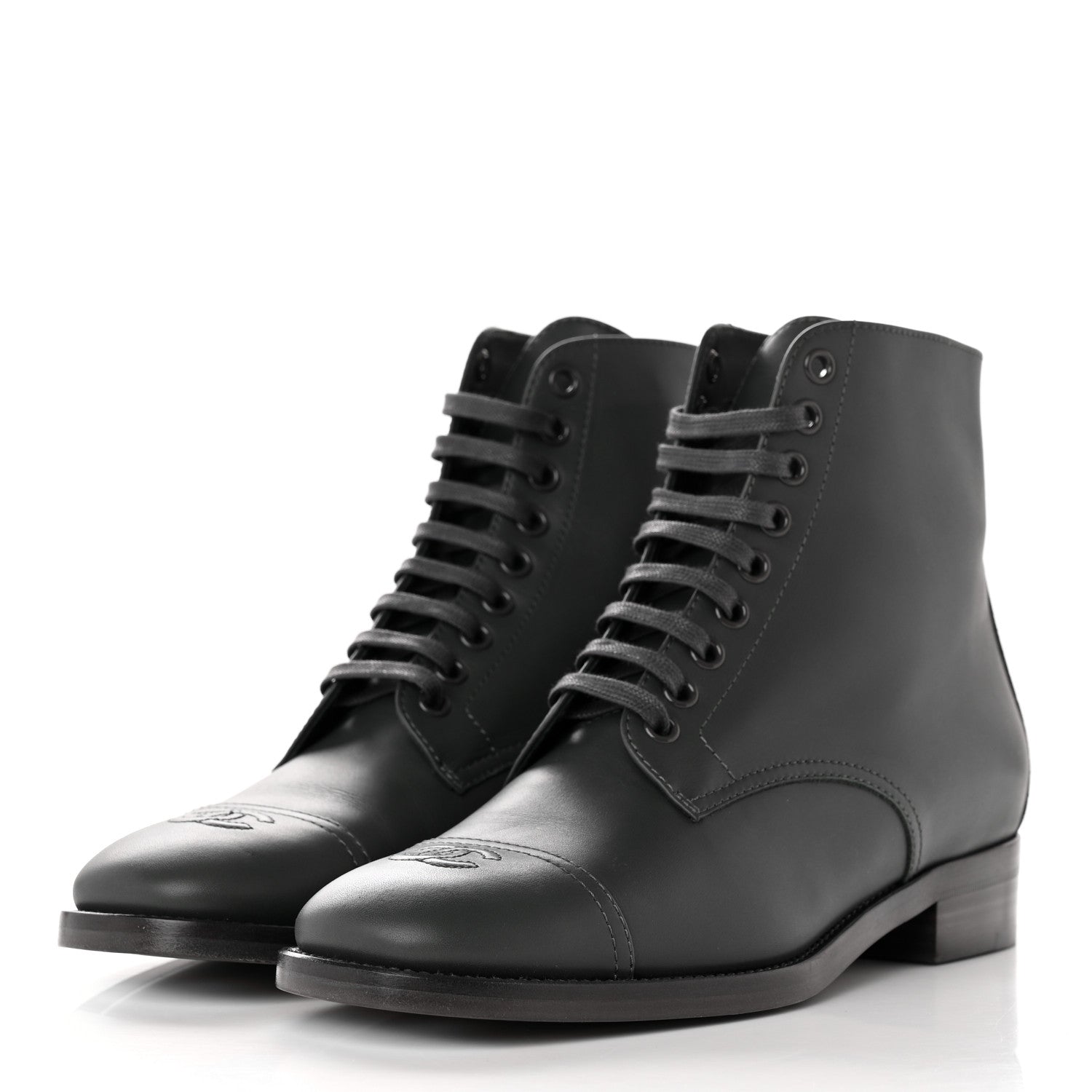 Chanel Calfskin Cap Toe CC Lace Up Boots 39 Dark Grey 3 of 14