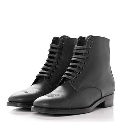Chanel Calfskin Cap Toe CC Lace Up Boots 39 Dark Grey 3 of 14