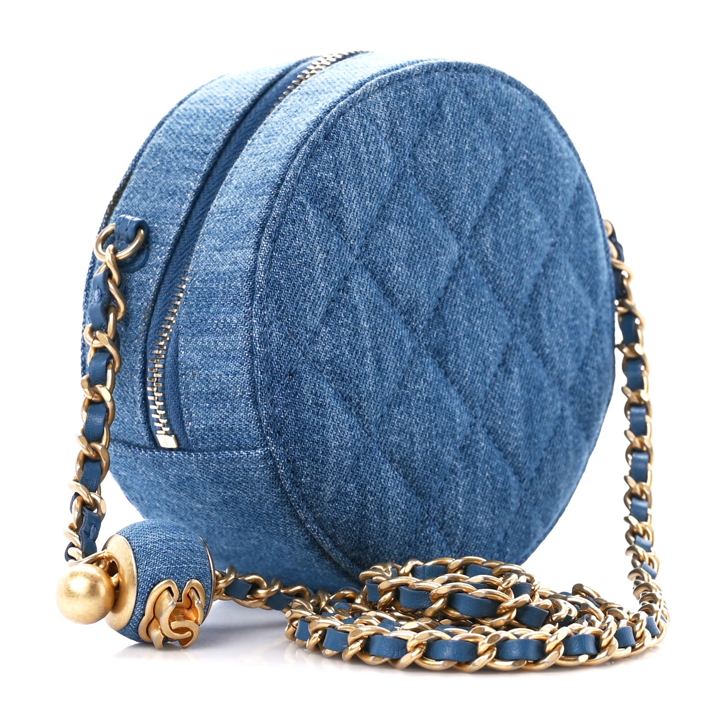 Denim Quilted Round Pearl Crush Clutch With Chain Blue