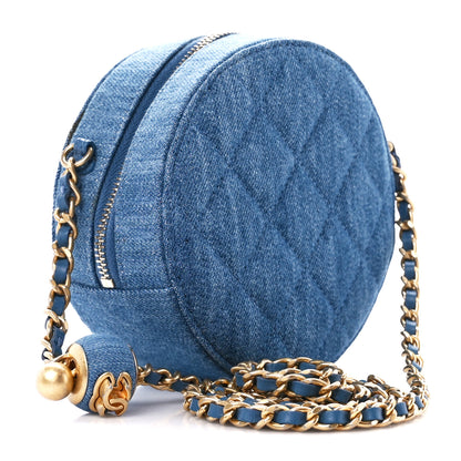 Chanel Denim Quilted Round Pearl Crush Clutch With Chain Blue 3 of 12