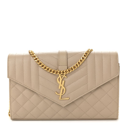 Saint Laurent Grain De Poudre Mixed Matelasse Triquilt Monogram Chain Wallet Dark Beige 1 of 10