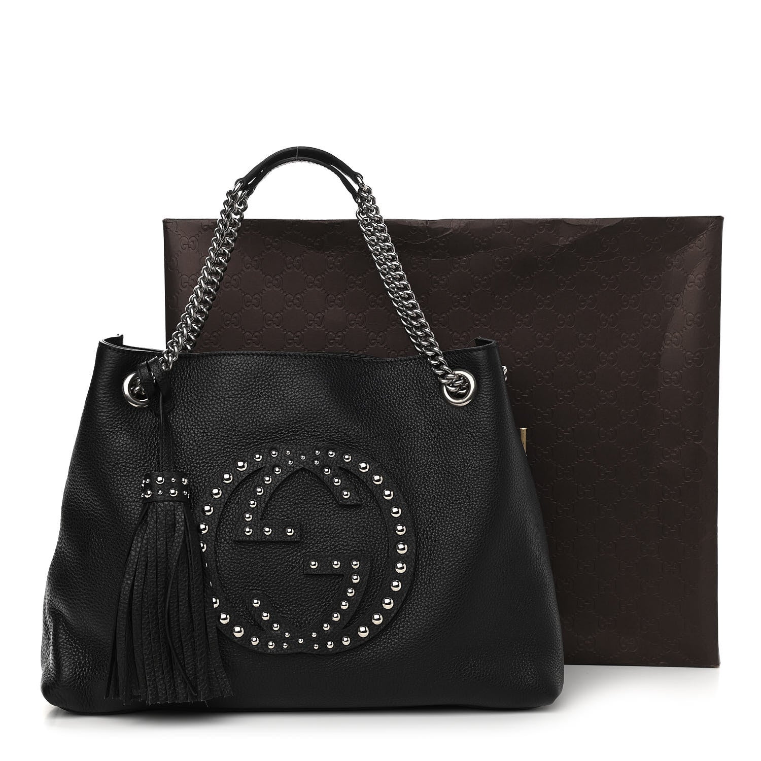 Gucci Pebbled Calfskin Studded Medium Soho Chain Shoulder Bag Black 11 of 11