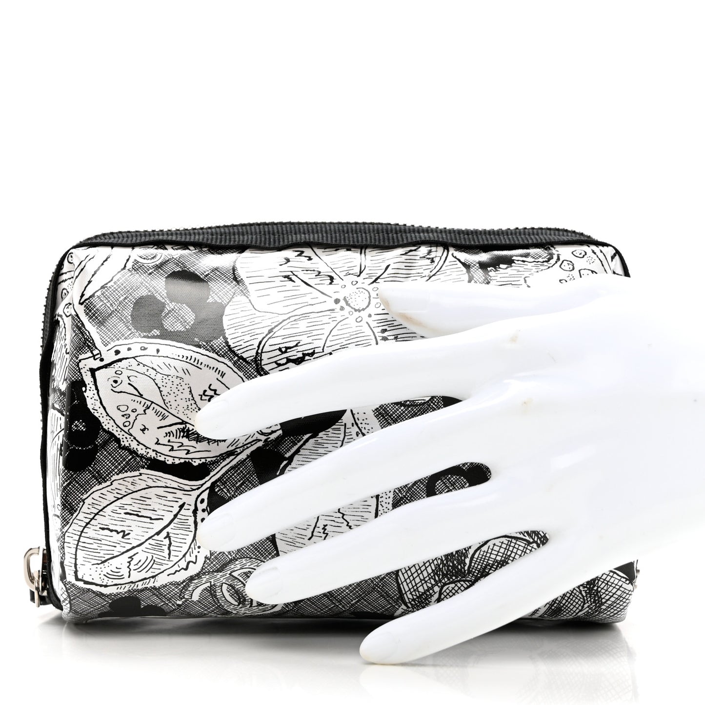 Coated Canvas Lambskin Camellia Cosmetic Pouch Black White