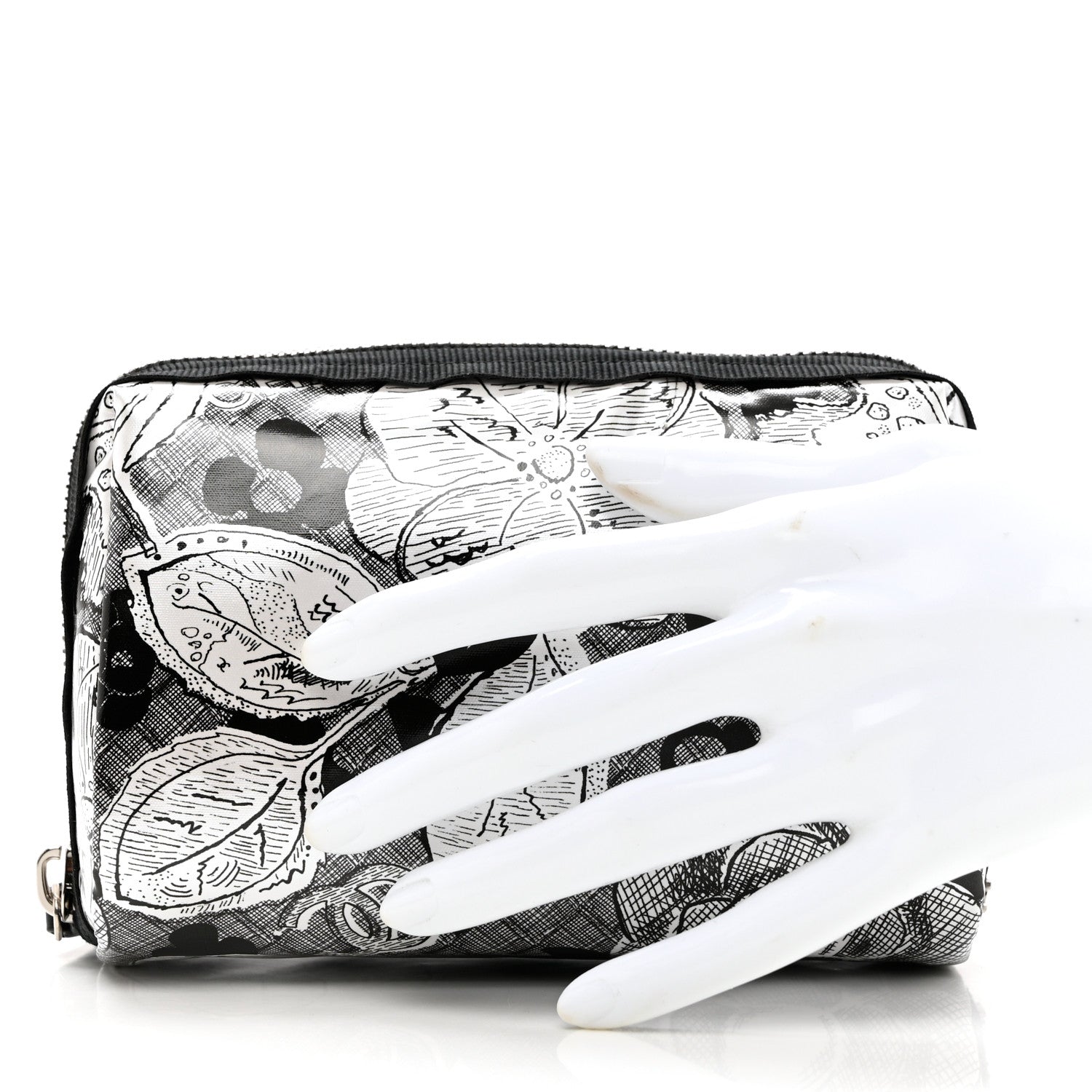 Chanel Coated Canvas Lambskin Camellia Cosmetic Pouch Black White 3 of 9