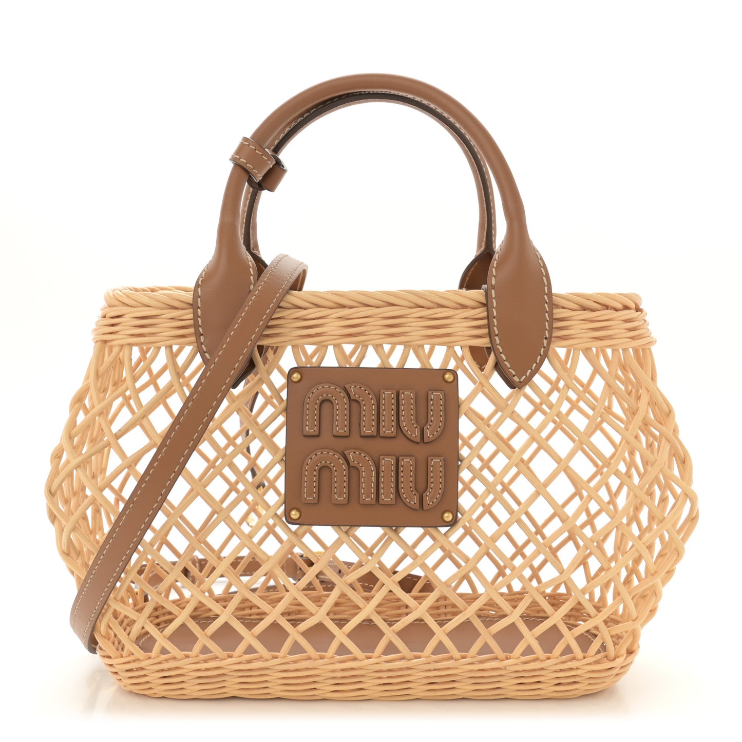 Woven Fabric Calfskin Logo Basket Bag Tan Caramel