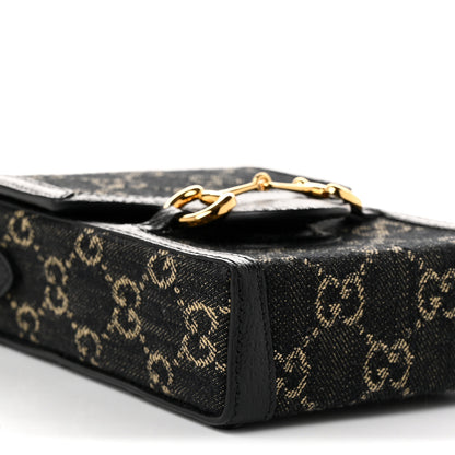 Gucci Jacquard Black Denim GG Monogram Textured Dollar Calfskin Mini Horsebit 1955 Crossbody Bag Black Ivory 9 of 10