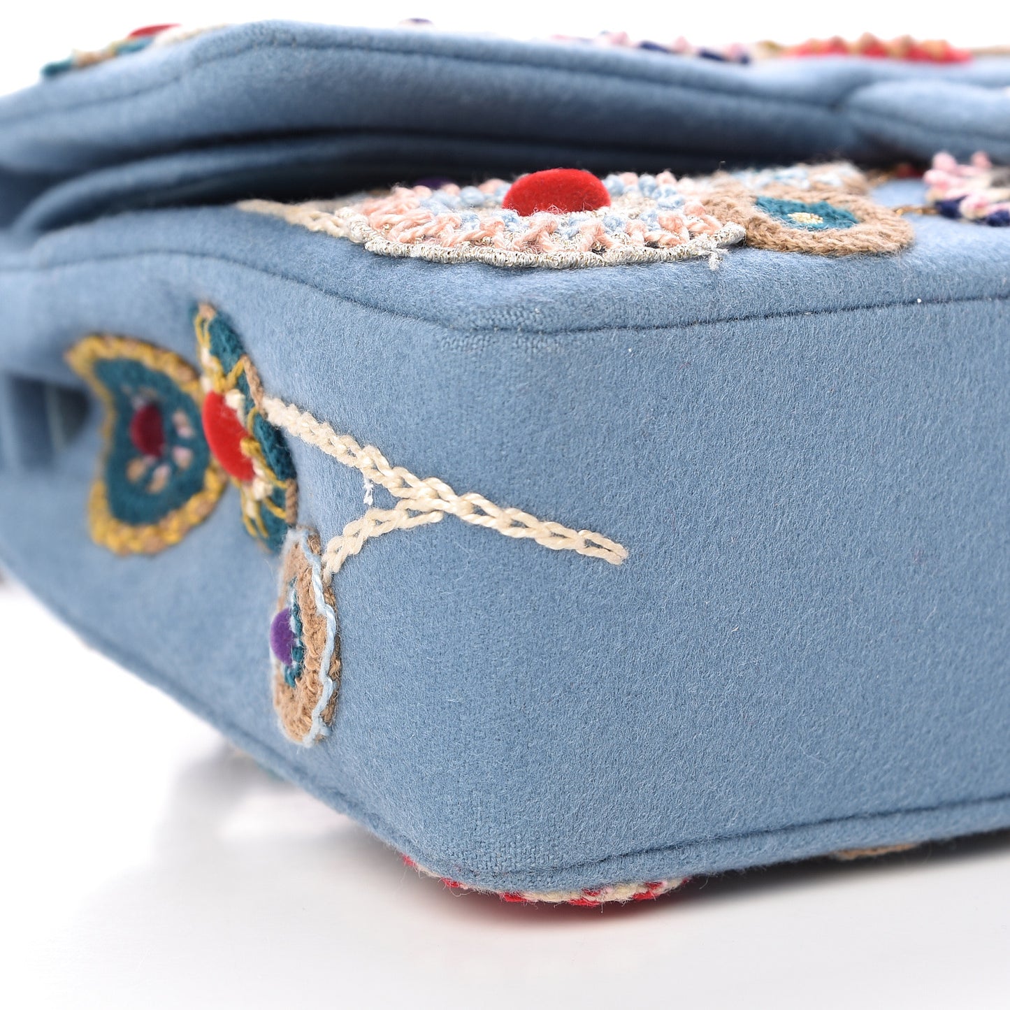 Felt Flower Embroidered Medium Double Flap Blue Multicolor