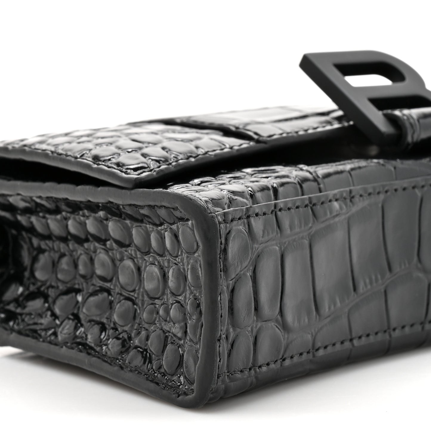 Shiny Calfskin Monochrome Crocodile Embossed Hourglass Chain Bag Black