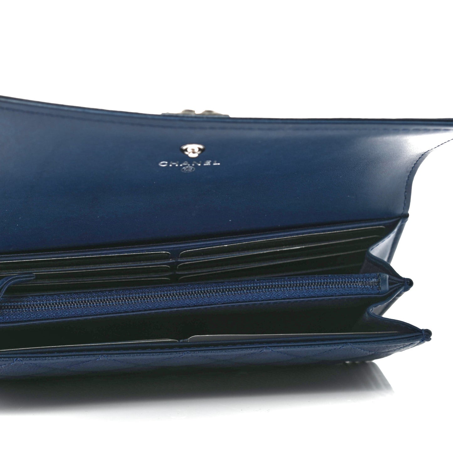 Calfskin Quilted Large Boy Gusset Flap Wallet Navy Blue