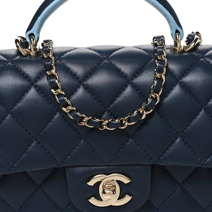 Chanel Lambskin Quilted Bi-Color Mini Top Handle Rectangular Flap Navy Blue Light Blue 8 of 11