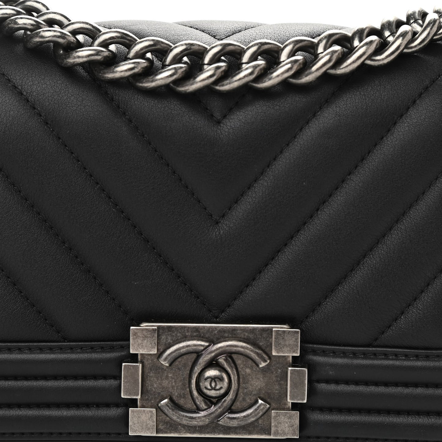 Calfskin Chevron Quilted Small Boy Flap Black