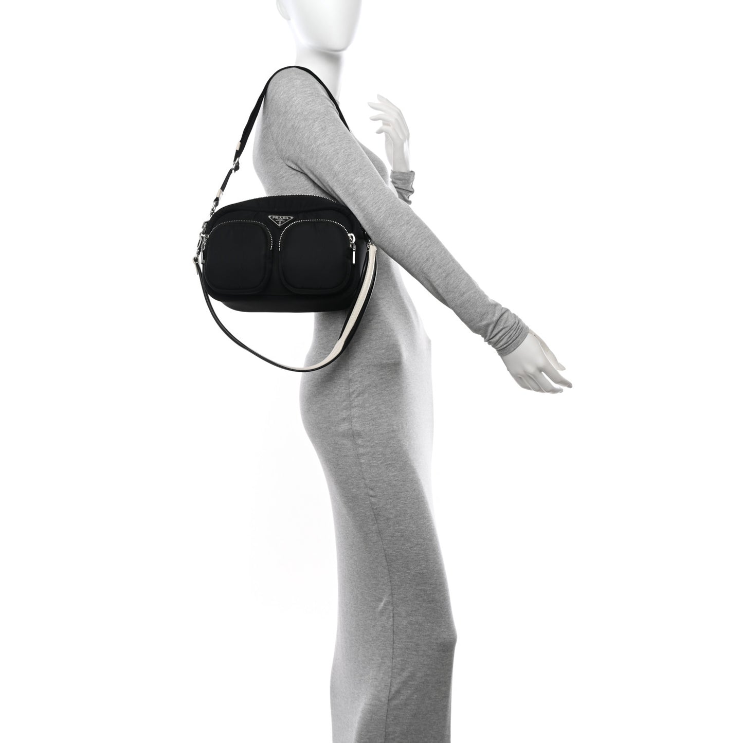 Tessuto Nylon Pocket Cargo Shoulder Bag Black White