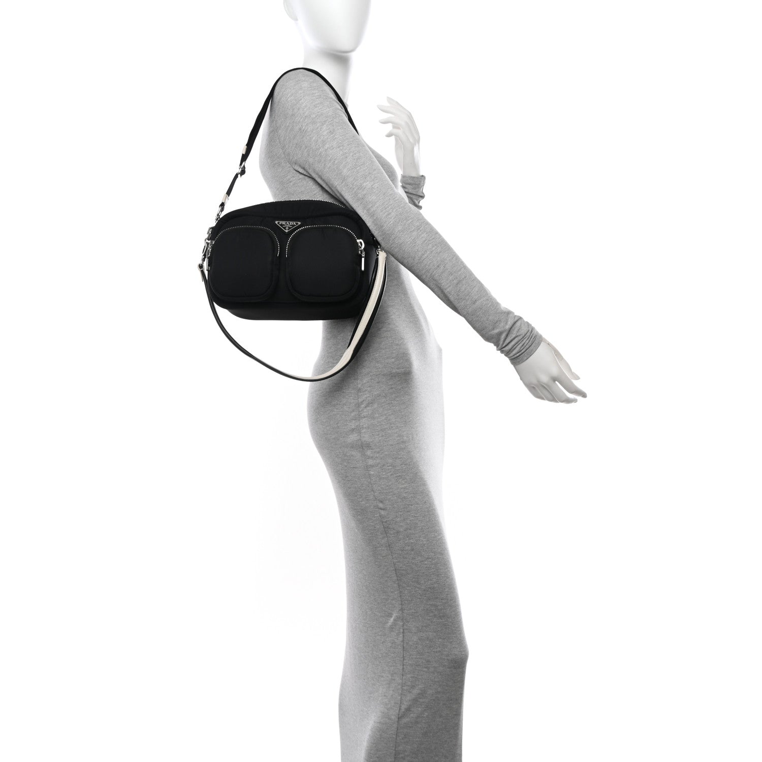 Prada Tessuto Nylon Pocket Cargo Shoulder Bag Black White 2 of 9