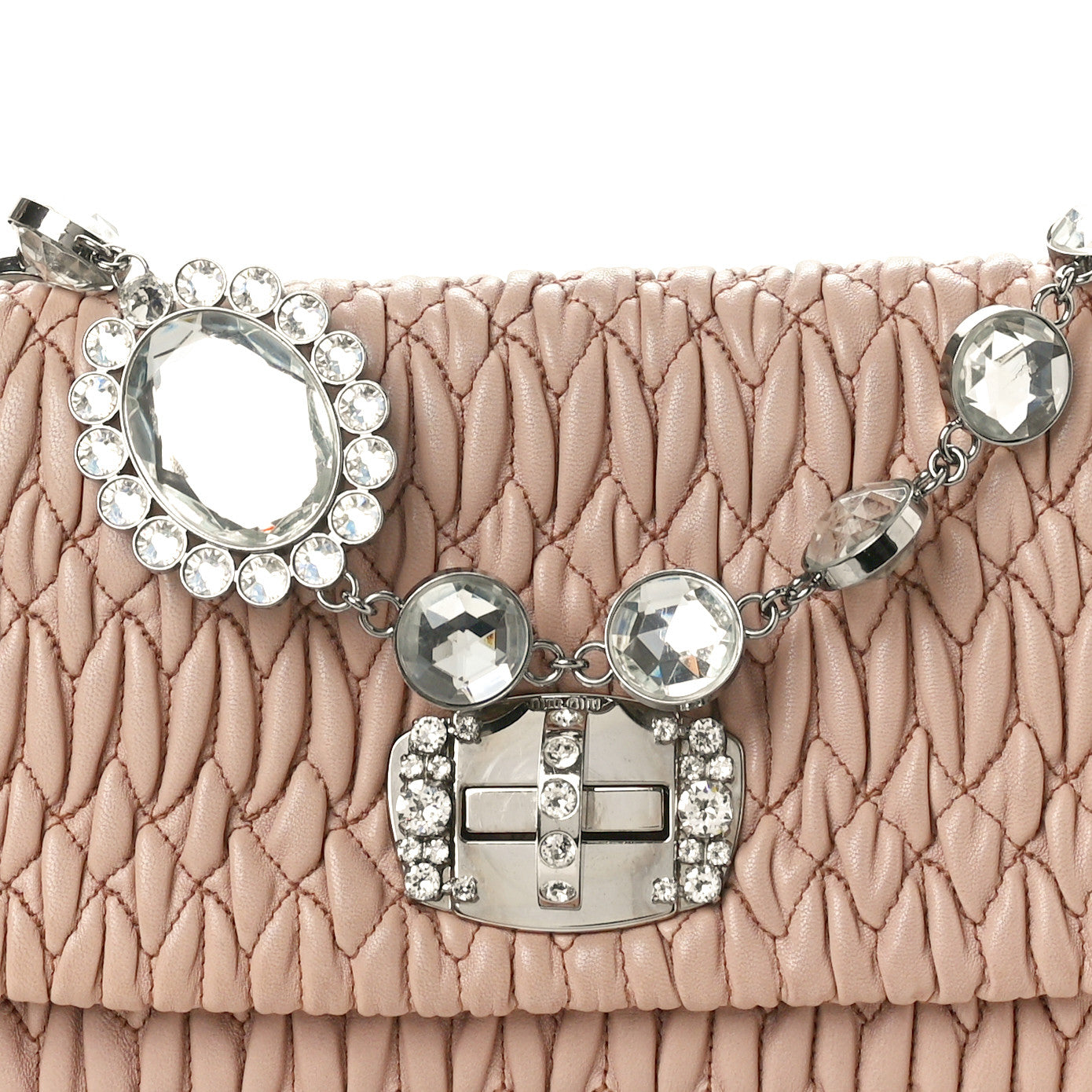 Miu Miu Nappa Matelasse Crystal Flap Clutch Cammeo 1554580