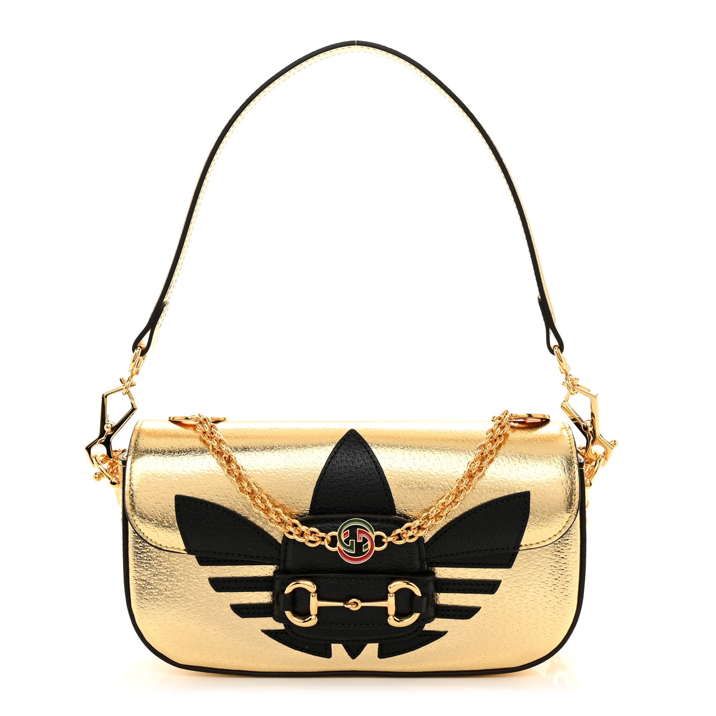 X ADIDAS Textured Dollar Calfskin Web Trefoil Horsebit 1955 Shoulder Bag King Gold Black