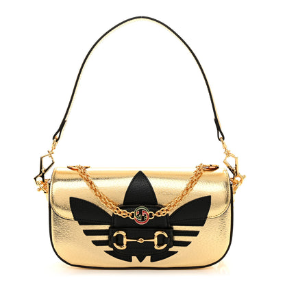 Gucci X ADIDAS Textured Dollar Calfskin Web Trefoil Horsebit 1955 Shoulder Bag King Gold Black 1 of 12