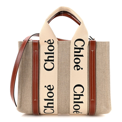 Chloe Cotton Calfskin Small Woody Ribbon Tote With Strap White Brown 1 of 11